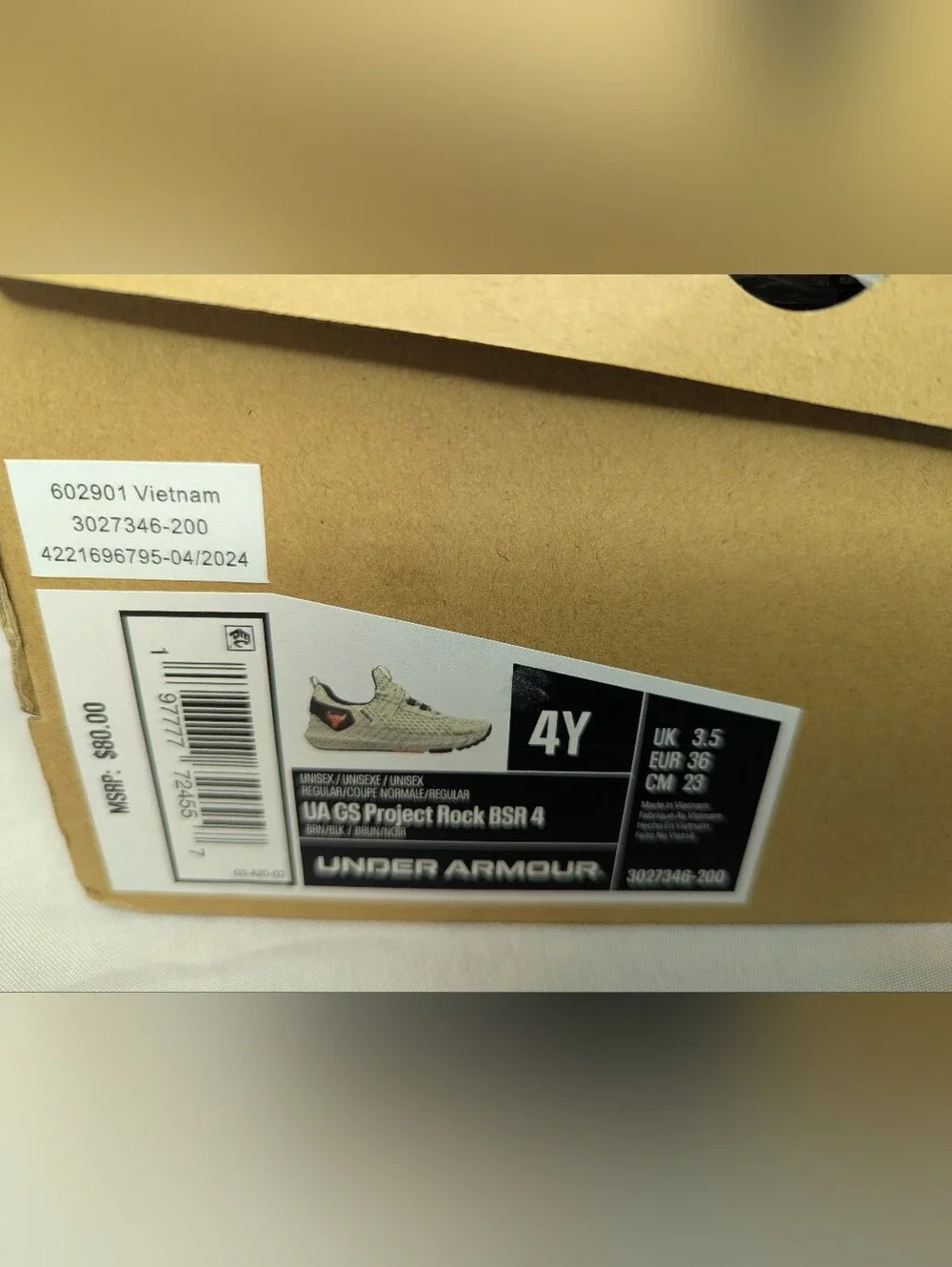 NIB Under Armour GS Project Rock BSR Sneakers Unisex Youth Size 4
